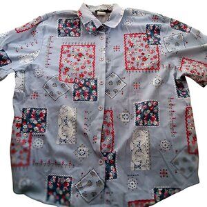 Vintage Women's XL Cottage Granny Shirt Top Button-Up Patchwork Design USA